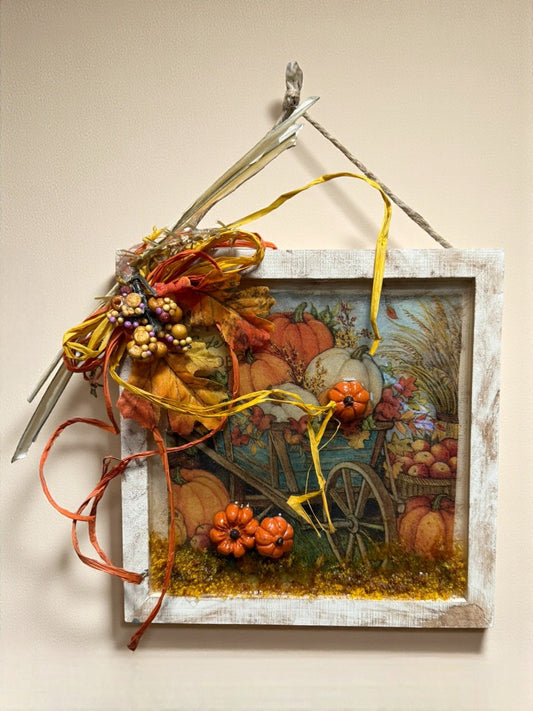 Fall Wheelbarrow Scene Resin Frame, Pumpkin & Leaves Autumn Decor, Rustic Fall Gift, Thanksgiving Home Accent