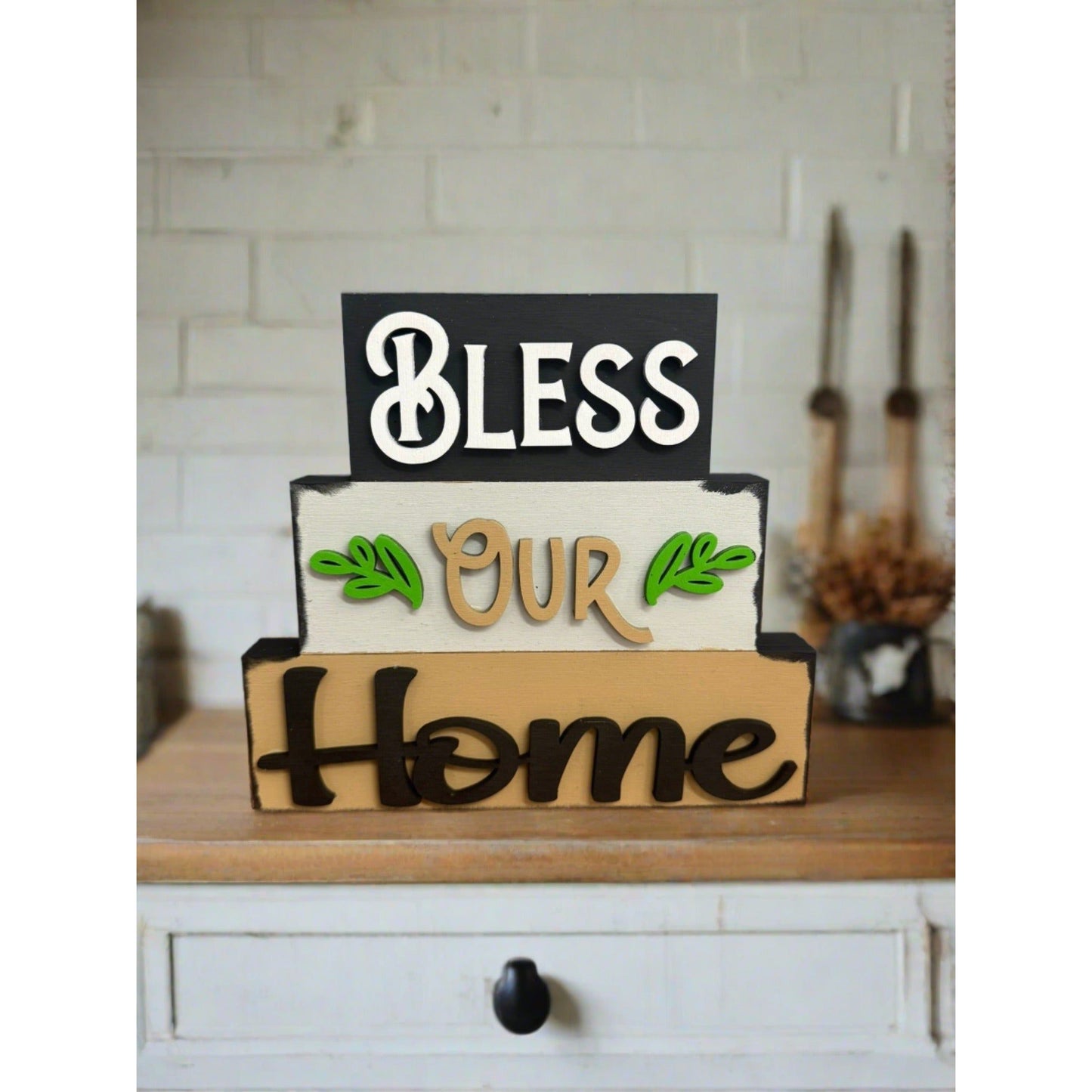 Farmhouse Stacked Word Blocks Farmhouse Shelf Sitter Bless our Home