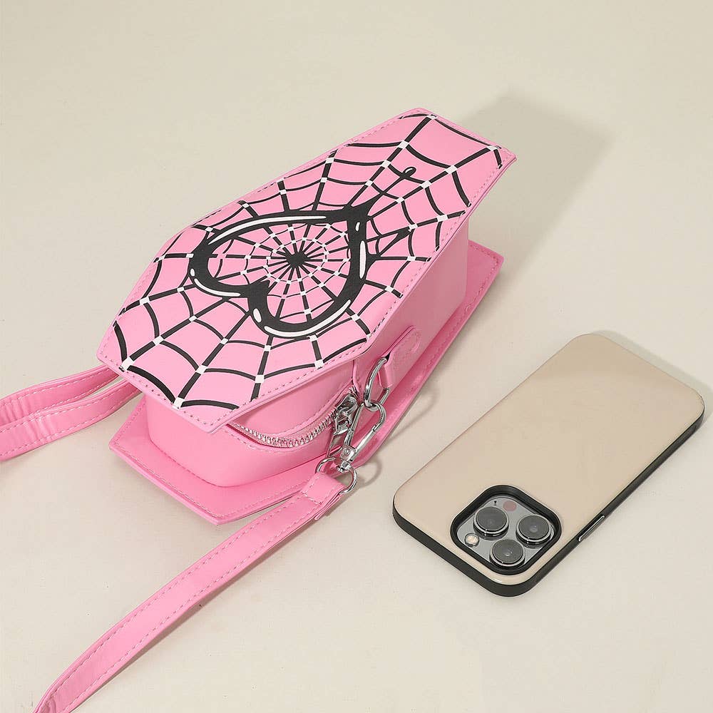 Faux Leather Gothic Heart Spiderweb Printed Coffin Crossbody Bag
