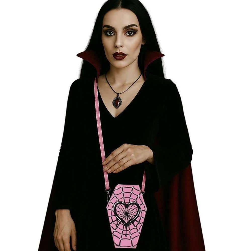 Faux Leather Gothic Heart Spiderweb Printed Coffin Crossbody Bag