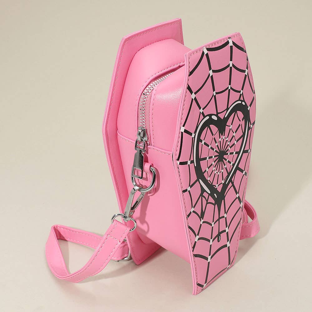 Faux Leather Gothic Heart Spiderweb Printed Coffin Crossbody Bag