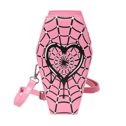 Faux Leather Gothic Heart Spiderweb Printed Coffin Crossbody Bag - Nifty Decor & More