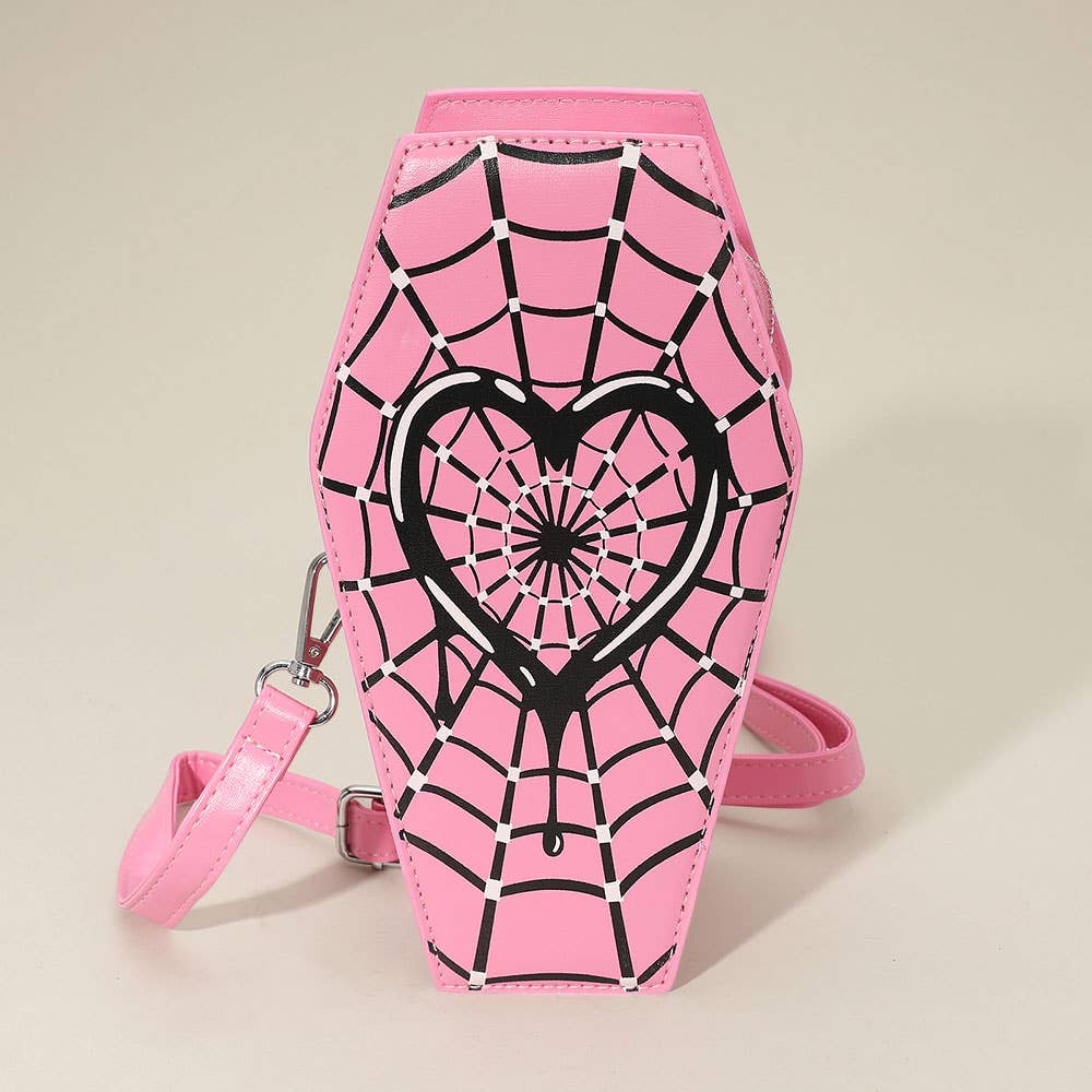 Faux Leather Gothic Heart Spiderweb Printed Coffin Crossbody Bag