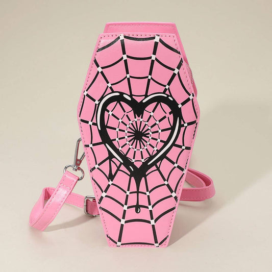 Faux Leather Gothic Heart Spiderweb Printed Coffin Crossbody Bag