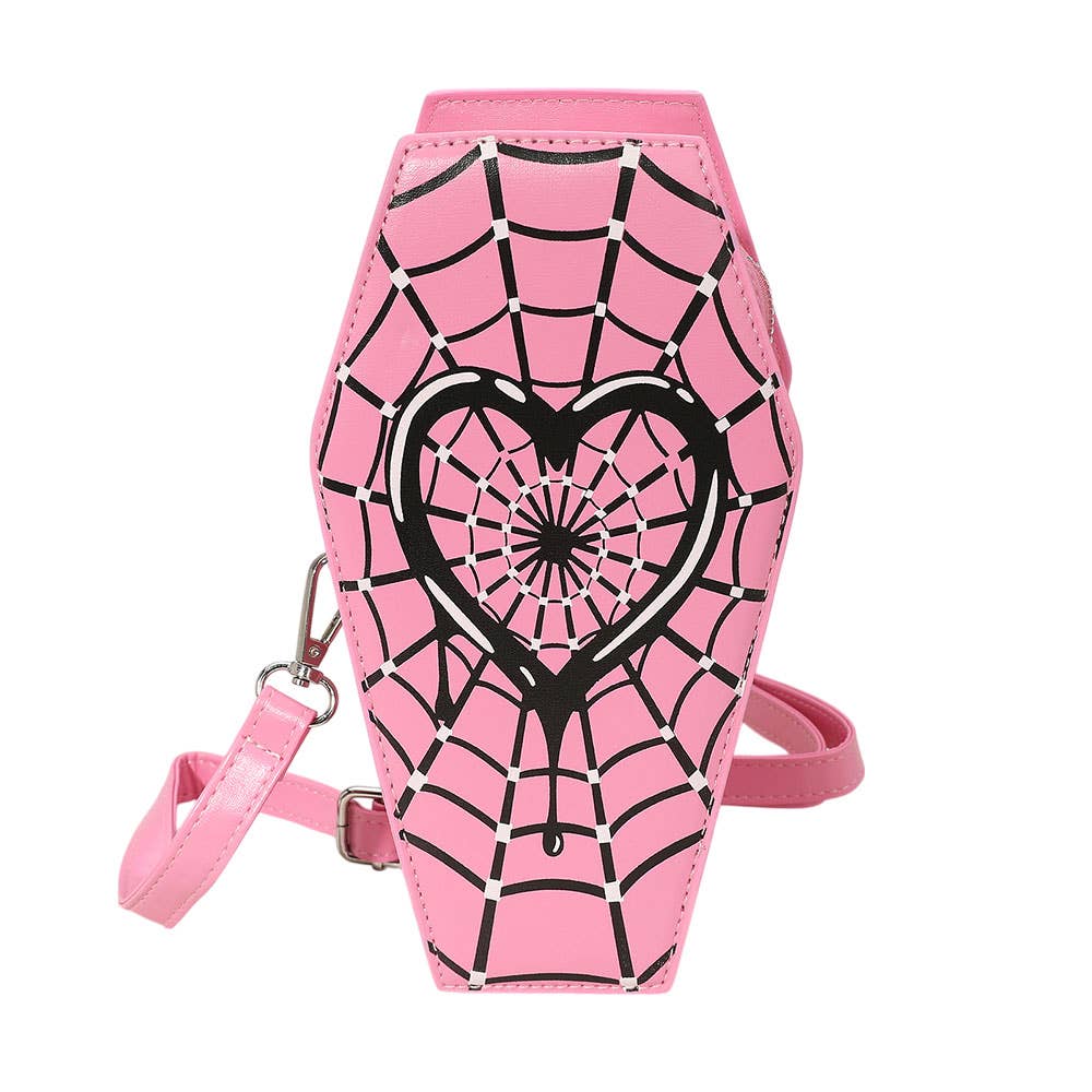 Faux Leather Gothic Heart Spiderweb Printed Coffin Crossbody Bag
