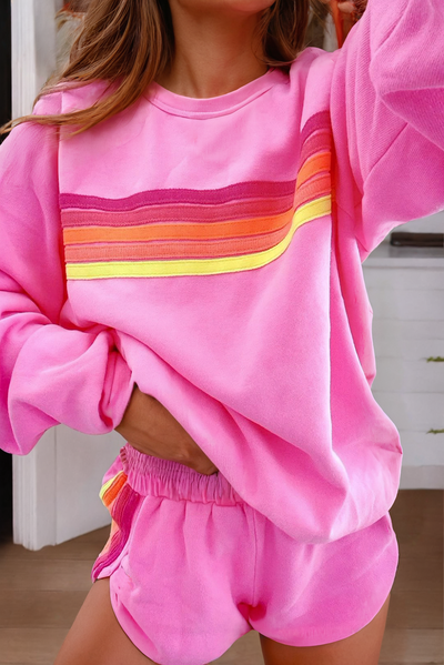 Color Contrast Trim Long Sleeve Top & Shorts Set, Cozy Chic Loungewear for Stylish Relaxation, Perfect Gift for Trendy Homebodies Women's Clothing L Bonbon