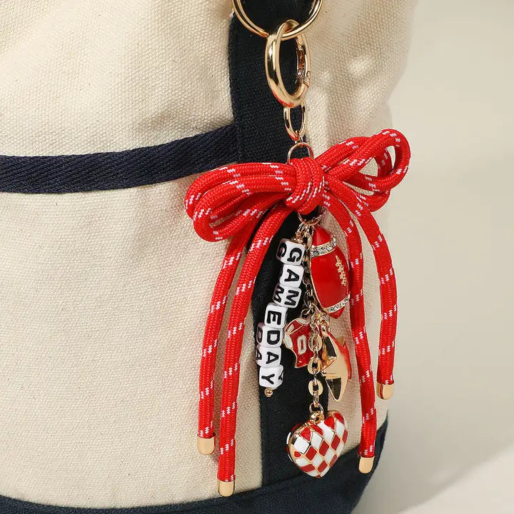 Football Charm Game Day Message Beaded Rope Bow Accent Keychain / Bag Charm