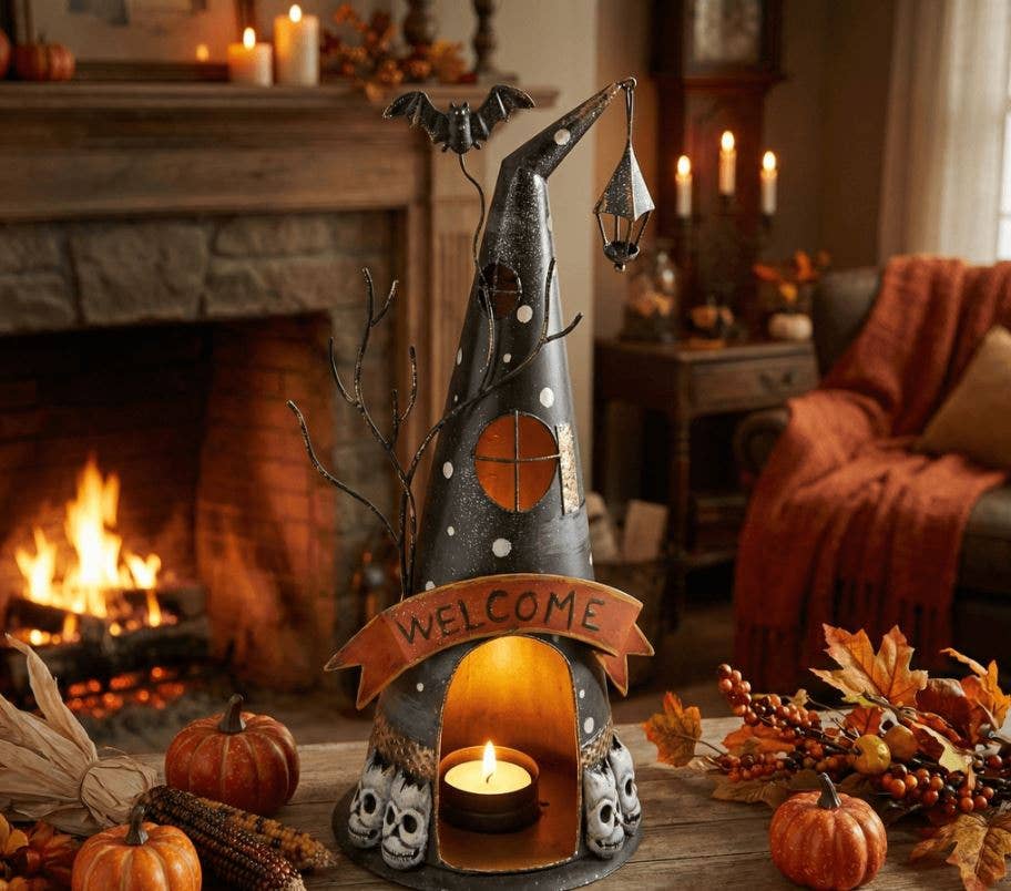 Metal Witch Hat Halloween Candle Holder