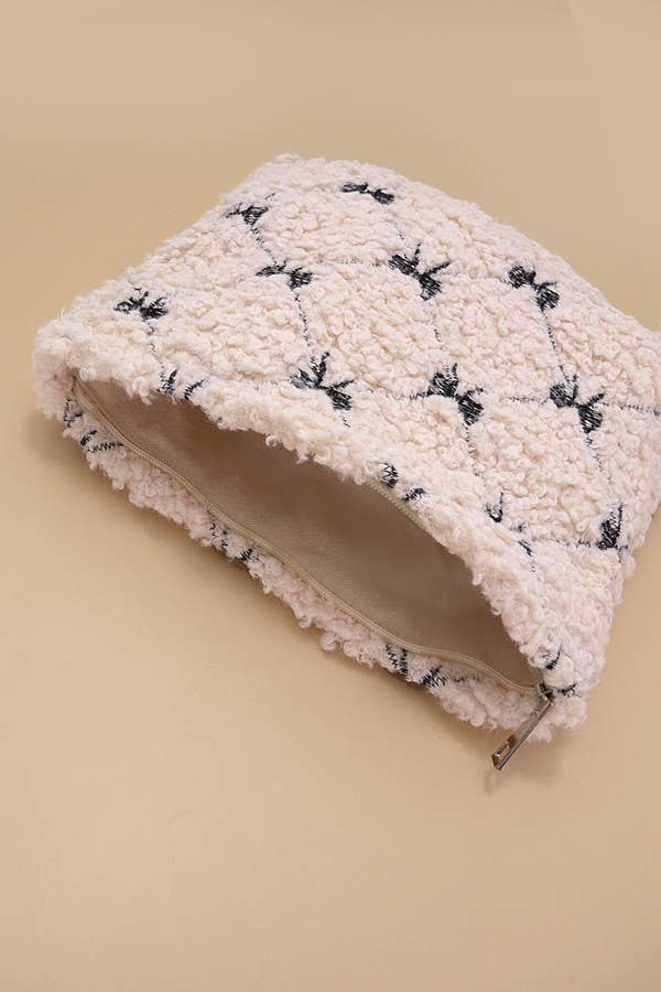 Bow Lamb Wool Cosmetic Pouch Bag, Soft & Stylish Makeup Organizer, Perfect Travel Gift for Her Cosmetic Bag