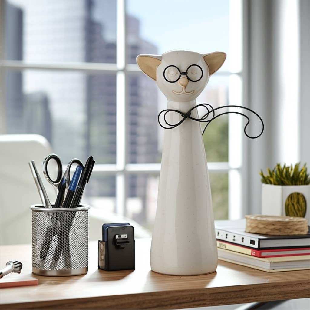 Figurine - White Ceramic Cat with Glasses and Bow, 11 in. - Nifty Decor & More
