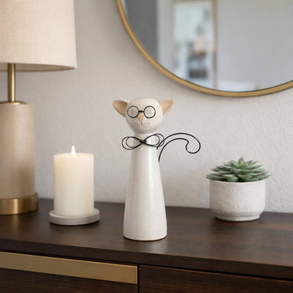 Figurine - White Ceramic Cat with Glasses and Bow, 11 in. - Nifty Decor & More
