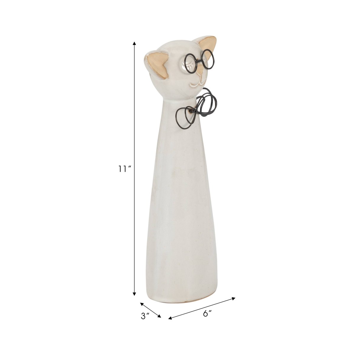 Figurine - White Ceramic Cat with Glasses and Bow, 11 in. - Nifty Decor & More