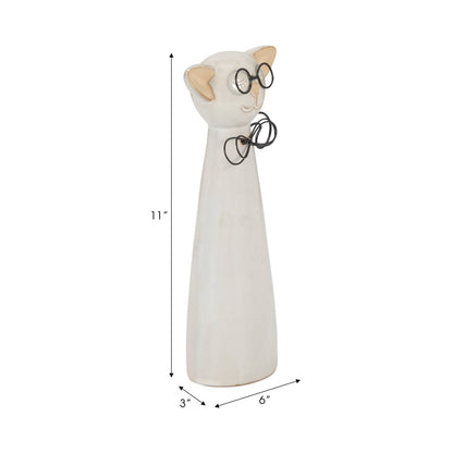 Figurine - White Ceramic Cat with Glasses and Bow, 11 in. - Nifty Decor & More