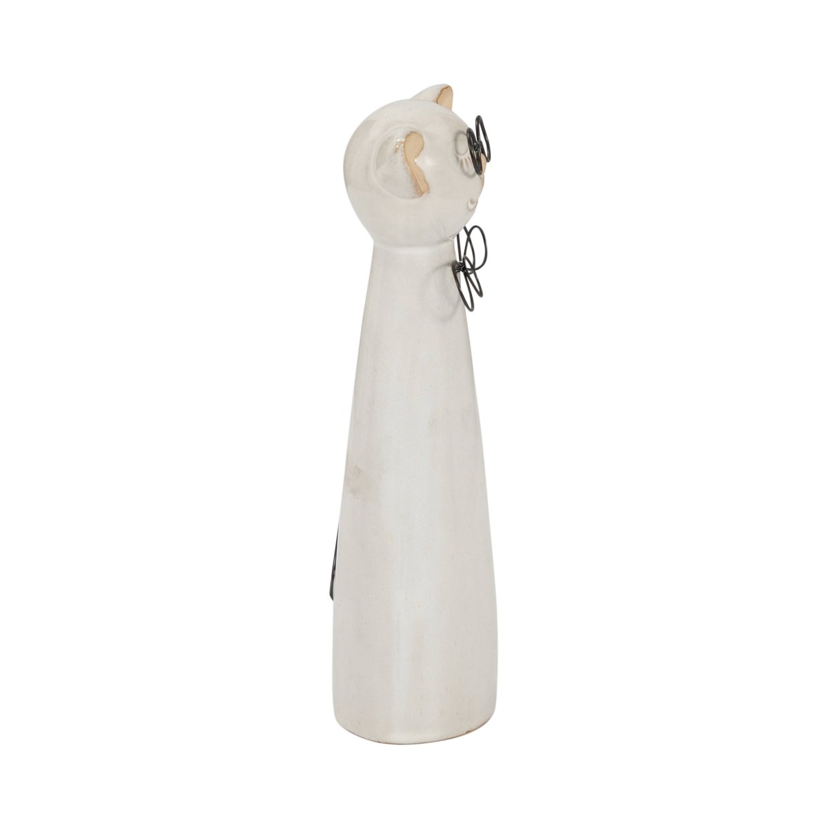 Figurine - White Ceramic Cat with Glasses and Bow, 11 in. - Nifty Decor & More