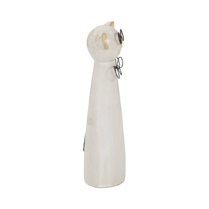 Figurine - White Ceramic Cat with Glasses and Bow, 11 in. - Nifty Decor & More