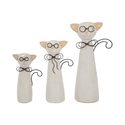 Figurine - White Ceramic Cat with Glasses and Bow, 11 in. - Nifty Decor & More