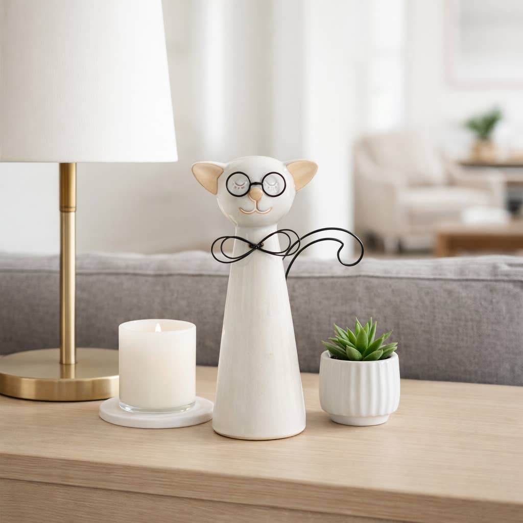 Figurine - White Ceramic Cat with Glasses and Bow, 11 in. - Nifty Decor & More