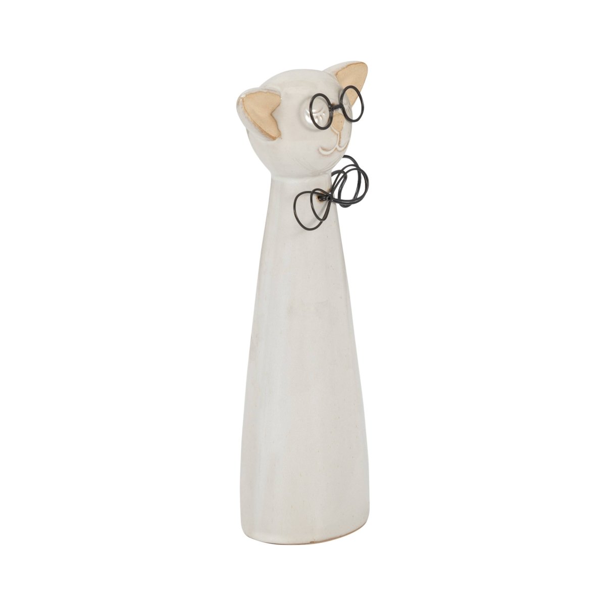 Figurine - White Ceramic Cat with Glasses and Bow, 11 in. - Nifty Decor & More