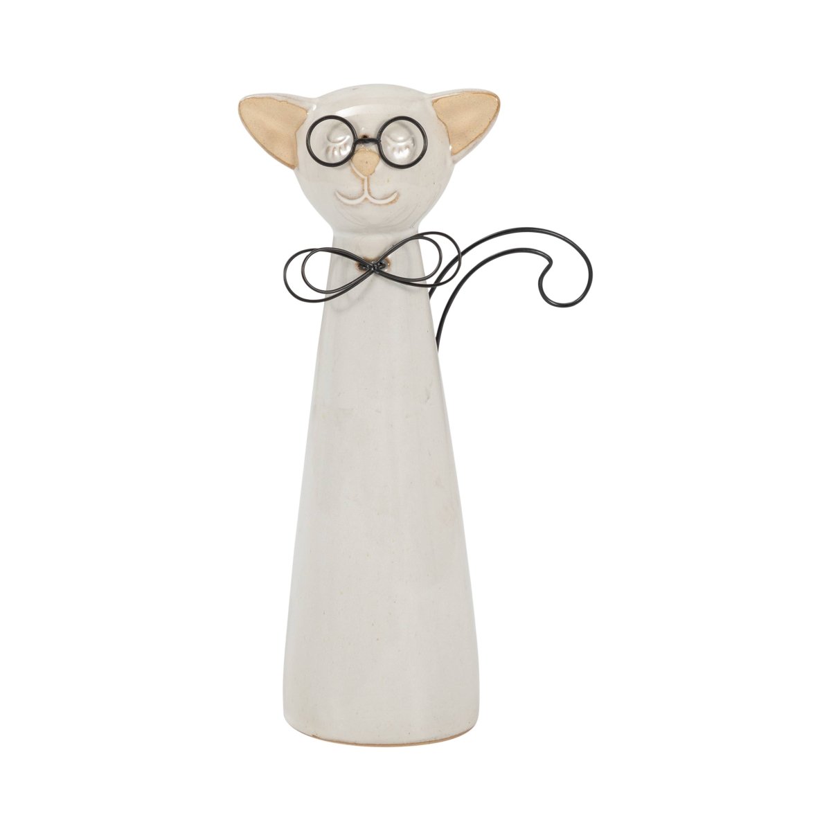 Figurine - White Ceramic Cat with Glasses and Bow, 11 in. - Nifty Decor & More