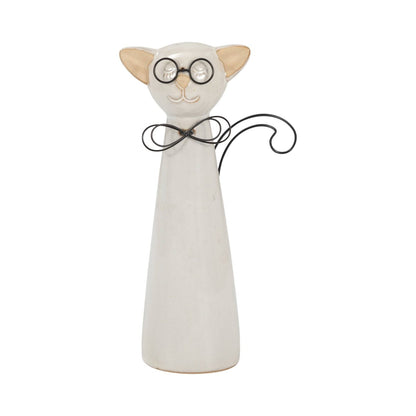 Figurine - White Ceramic Cat with Glasses and Bow, 11 in. - Nifty Decor & More