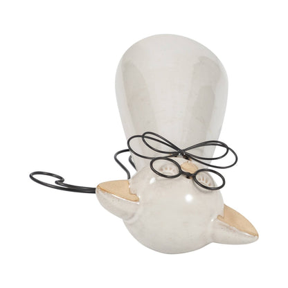 Figurine - White Ceramic Cat with Glasses and Bow, 11 in. - Nifty Decor & More