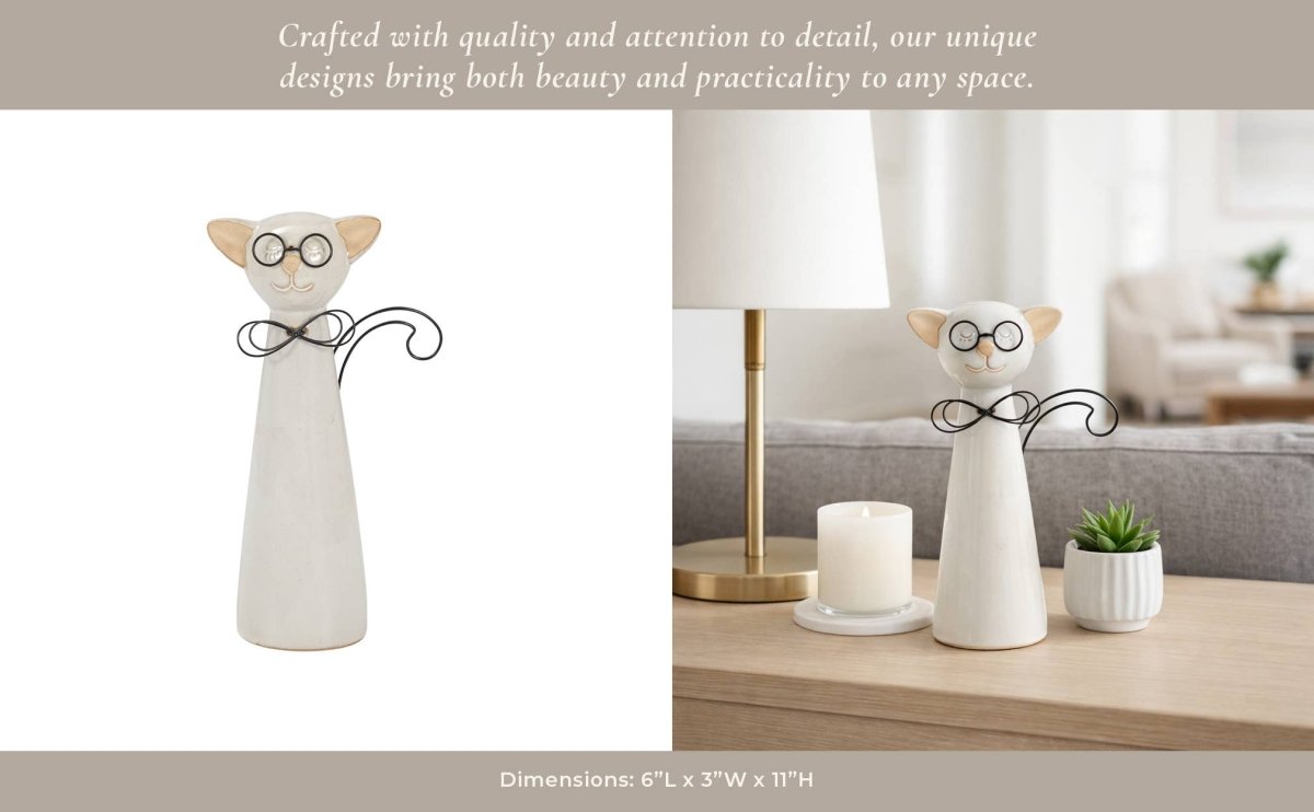 Figurine - White Ceramic Cat with Glasses and Bow, 11 in. - Nifty Decor & More