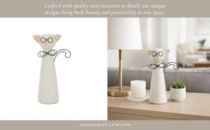 Figurine - White Ceramic Cat with Glasses and Bow, 11 in. - Nifty Decor & More