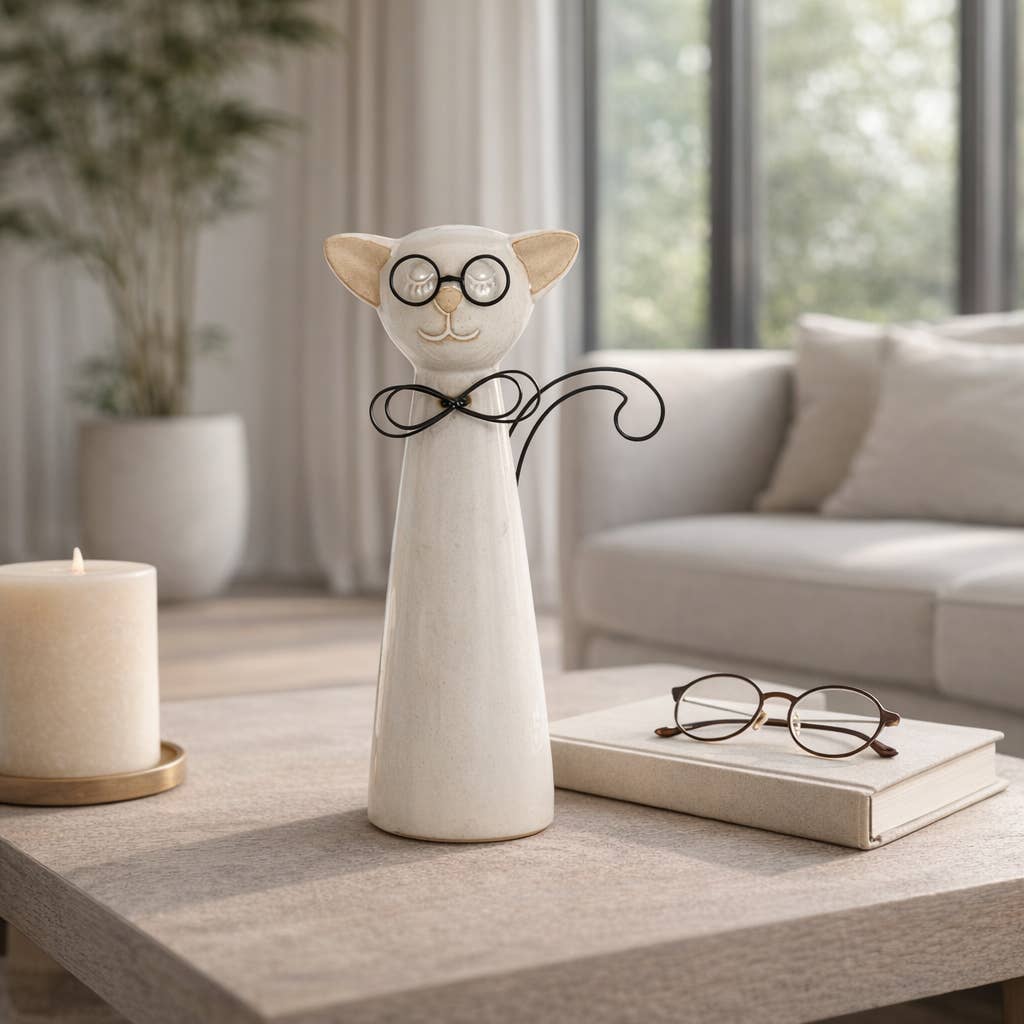 Figurine - White Ceramic Cat with Glasses and Bow, 11 in. - Nifty Decor & More