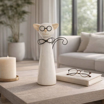 Figurine - White Ceramic Cat with Glasses and Bow, 11 in. - Nifty Decor & More