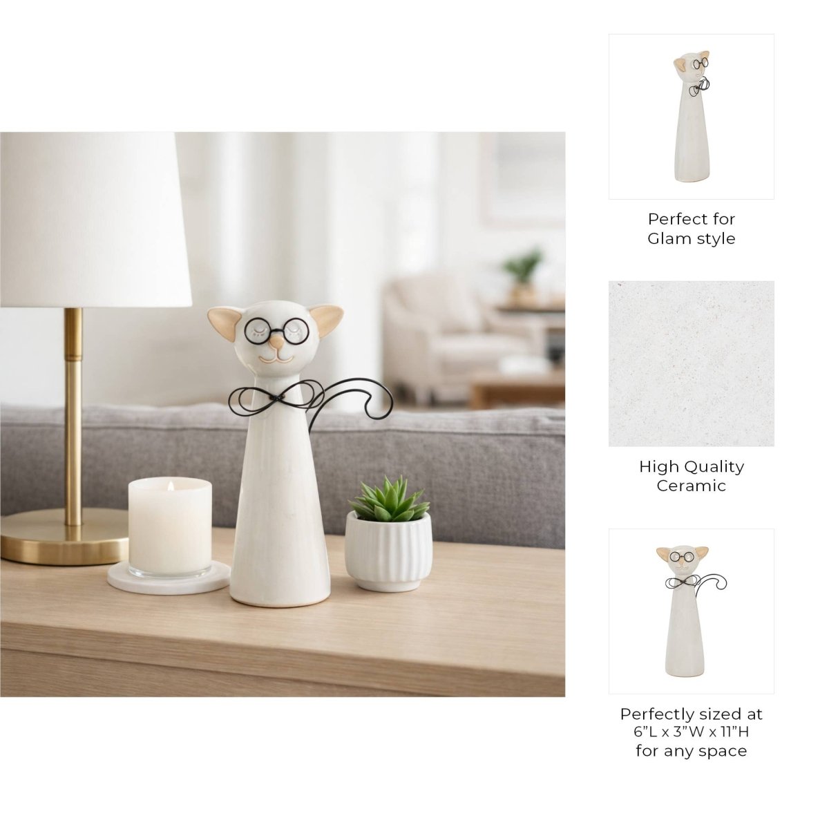 Figurine - White Ceramic Cat with Glasses and Bow, 11 in. - Nifty Decor & More