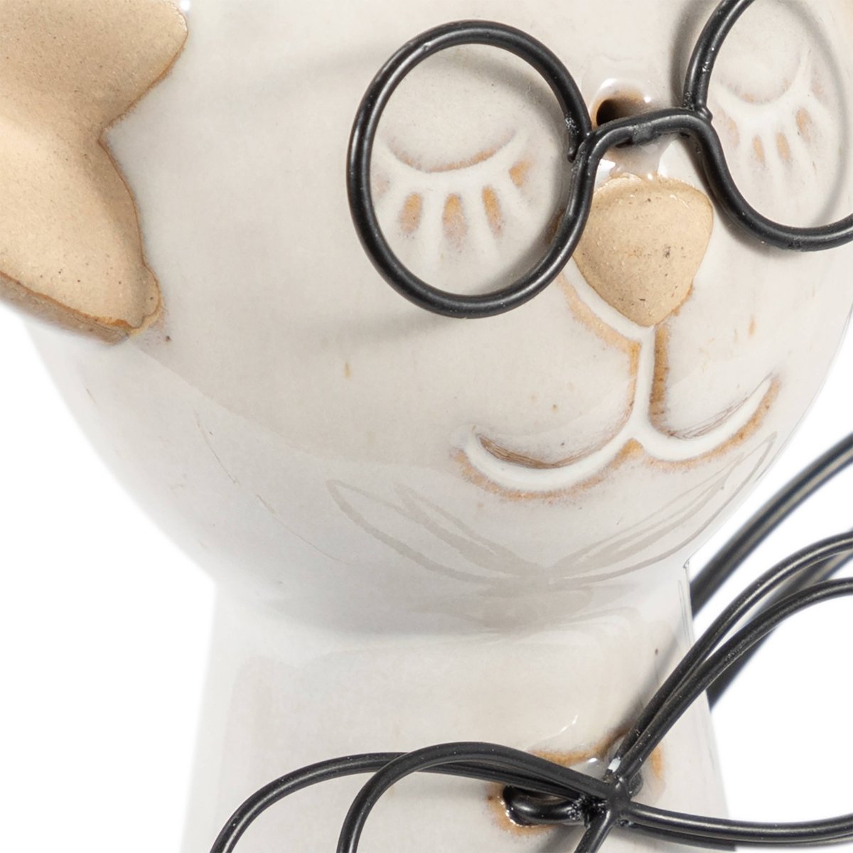 Figurine - White Ceramic Cat with Glasses and Bow, 11 in. - Nifty Decor & More