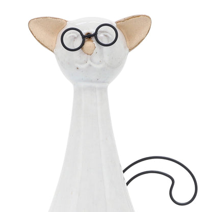 Figurine - White Ceramic Chubby Cat with Glasses, 10 in. - Nifty Decor & More