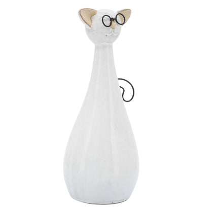 Figurine - White Ceramic Chubby Cat with Glasses, 10 in. - Nifty Decor & More