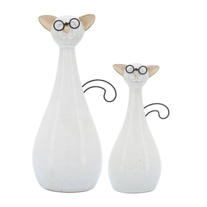Figurine - White Ceramic Chubby Cat with Glasses, 10 in. - Nifty Decor & More