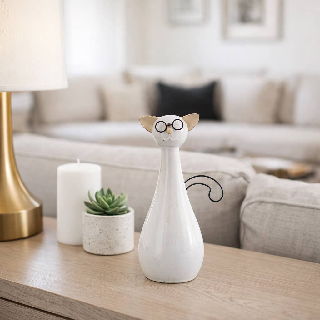 Figurine - White Ceramic Chubby Cat with Glasses, 10 in. - Nifty Decor & More