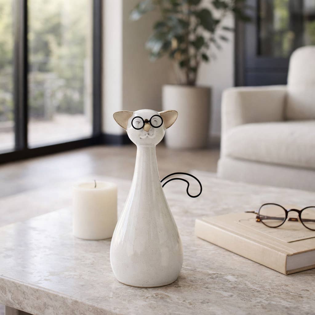 Figurine - White Ceramic Chubby Cat with Glasses, 10 in. - Nifty Decor & More