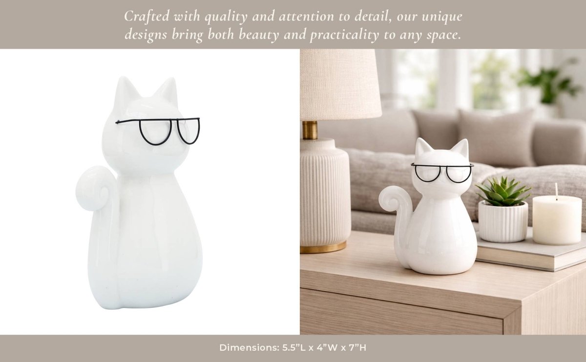Figurine - White Ceramic Chubby Cat with Glasses, 10 in. - Nifty Decor & More