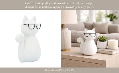 Figurine - White Ceramic Chubby Cat with Glasses, 10 in. - Nifty Decor & More