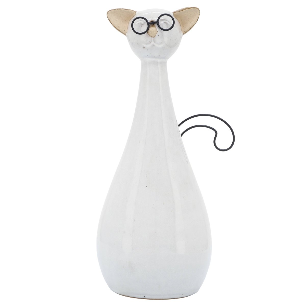 Figurine - White Ceramic Chubby Cat with Glasses, 10 in. - Nifty Decor & More