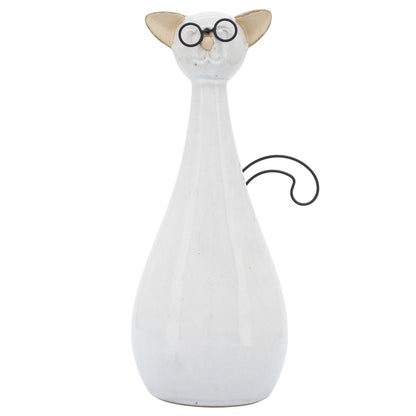 Figurine - White Ceramic Chubby Cat with Glasses, 10 in. - Nifty Decor & More