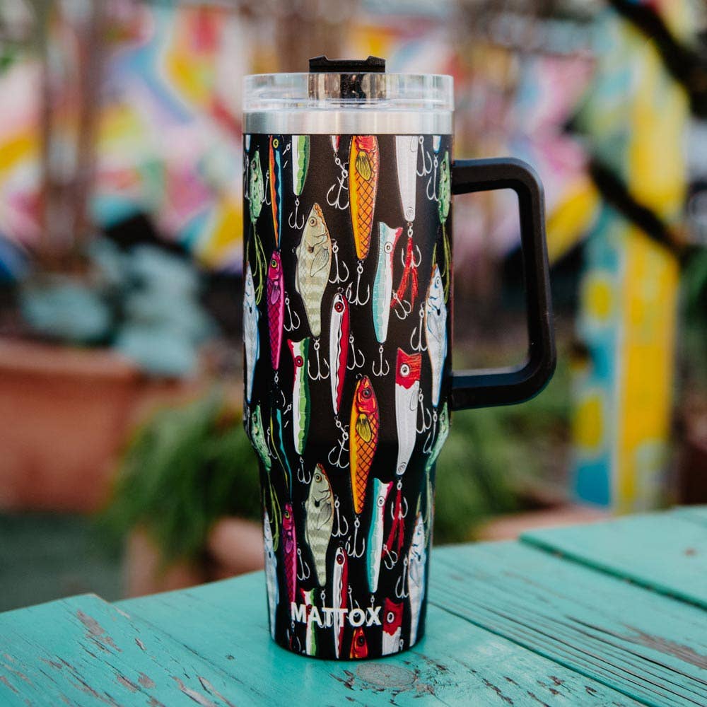 Fishing Lures Travel Tumbler Cup, Colorful Design with Straw, Ideal Fishing Accessory Gift for Him - Nifty Decor & More