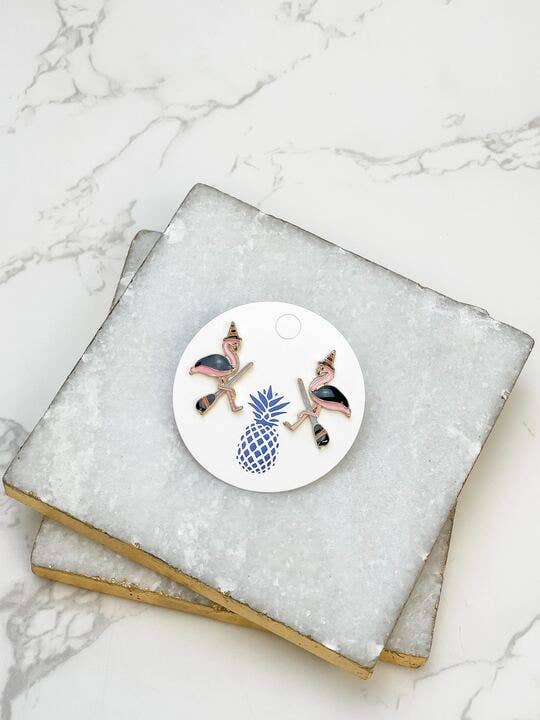 Flamingo Witch Halloween Enamel Earrings, Cute Spooky Studs for Bags or Ears, Unique Seasonal Gift Idea - Nifty Decor & More