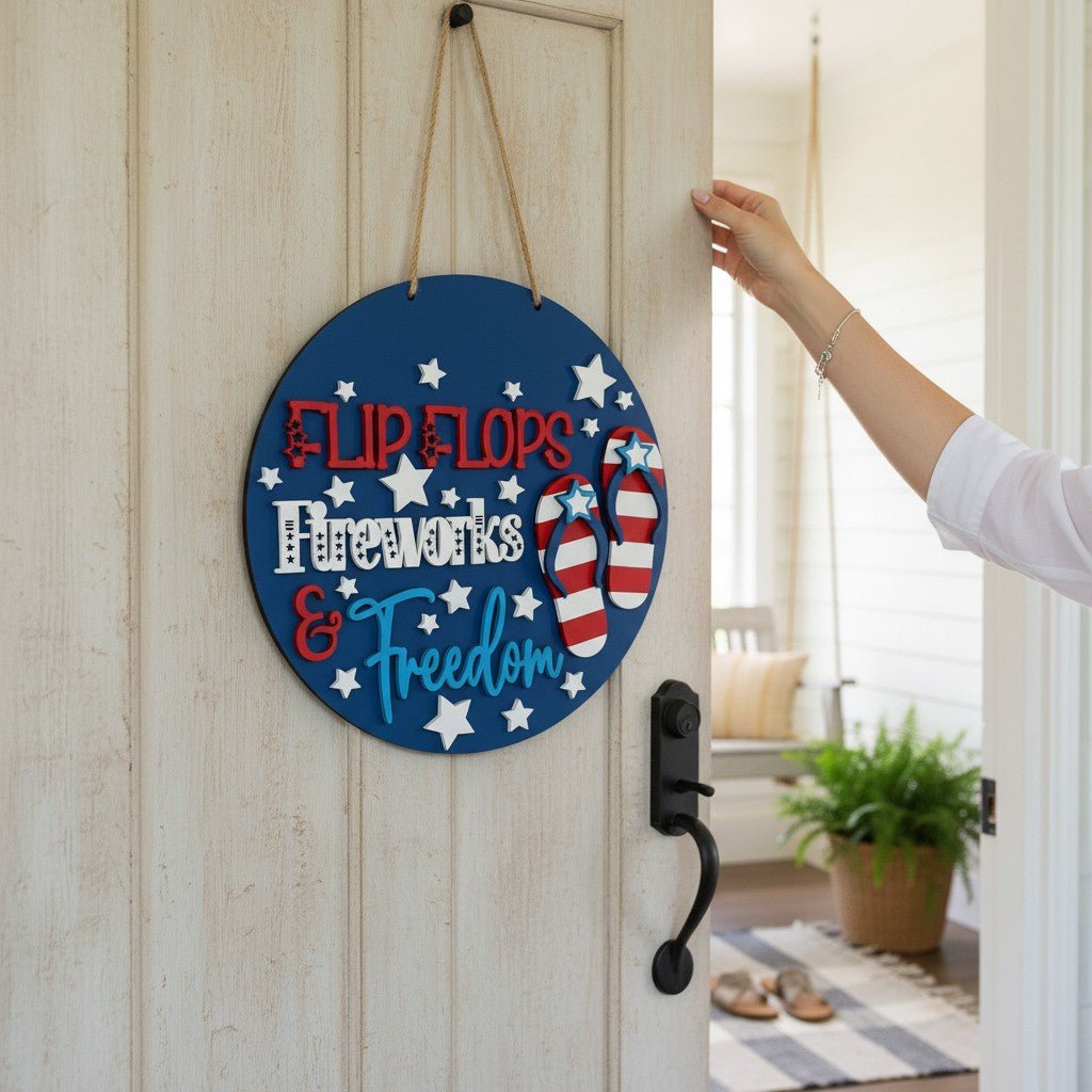 Flip Flops and Fireworks Door Hanger Patriotic Summer Front Door Decor for 4th of July - Nifty Decor & More