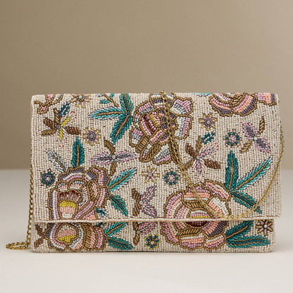 Floral Beaded Clutch Purse, Chic Statement Accessory with Chain Strap, Ideal for Bridal or Special Occasion Gift Bride Bags