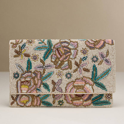 Floral Beaded Clutch Purse, Chic Statement Accessory with Chain Strap, Ideal for Bridal or Special Occasion Gift Bride Bags