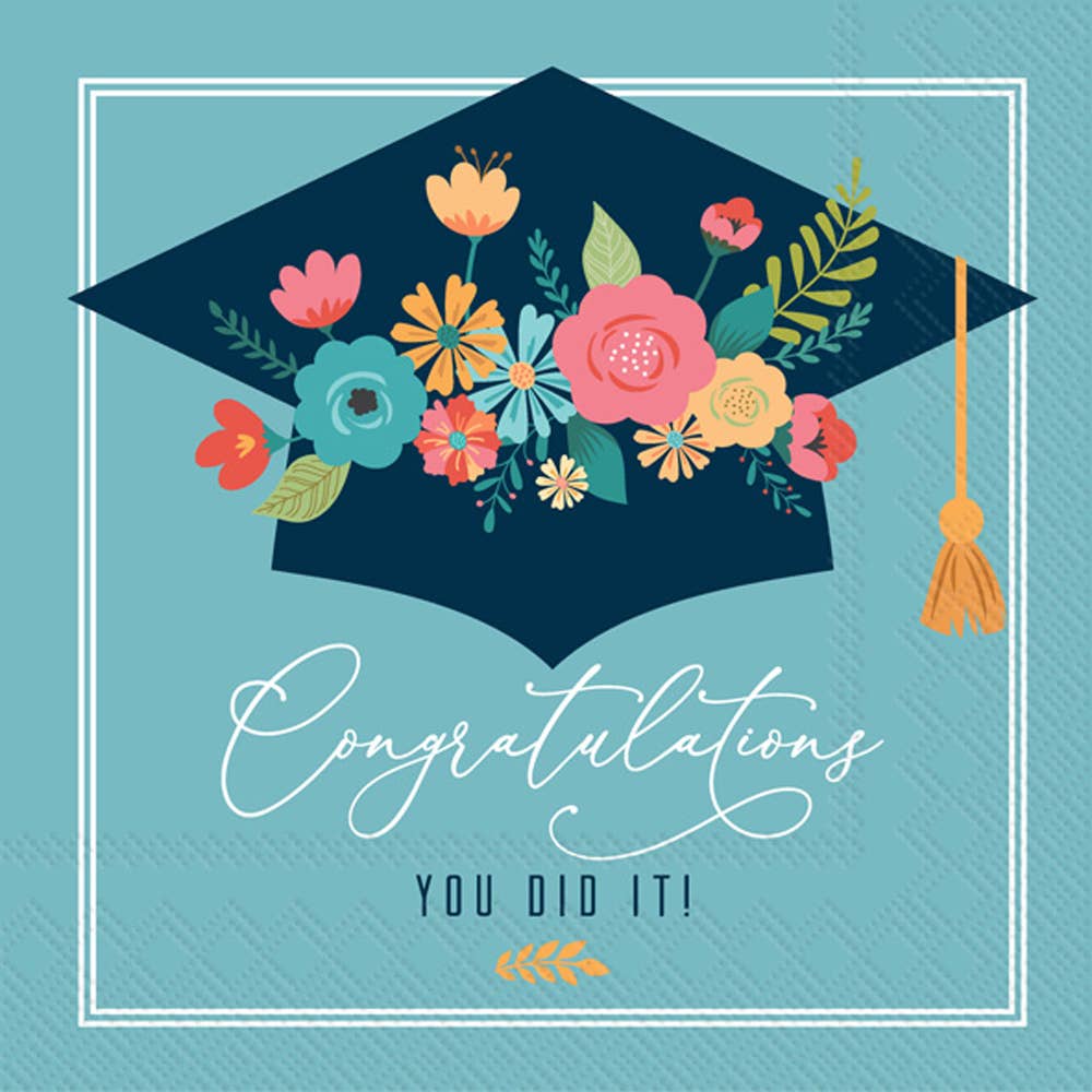 Floral Grad Cap Paper Cocktail Napkins Pack of 20 - Nifty Decor & More