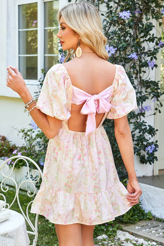Floral Puff Sleeve Mini Dress, Stylish Square Neck Knot & Open Back, Perfect for Summer Parties & Chic Gifts Dress S