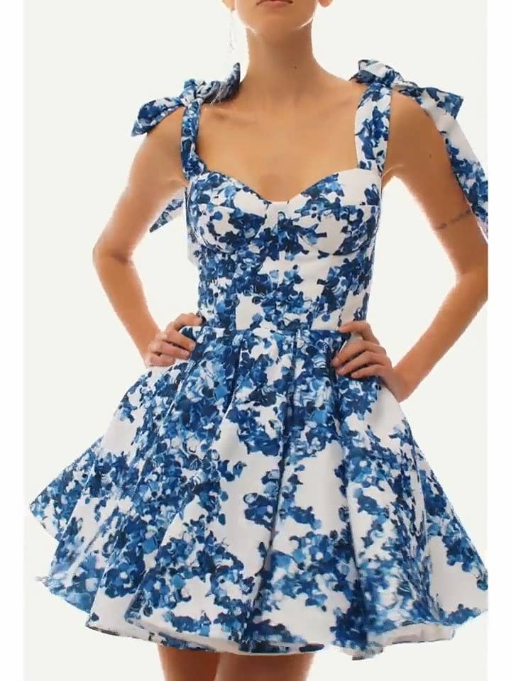 Floral Sweetheart Mini Dress with Bow Tied Straps - Nifty Decor & More