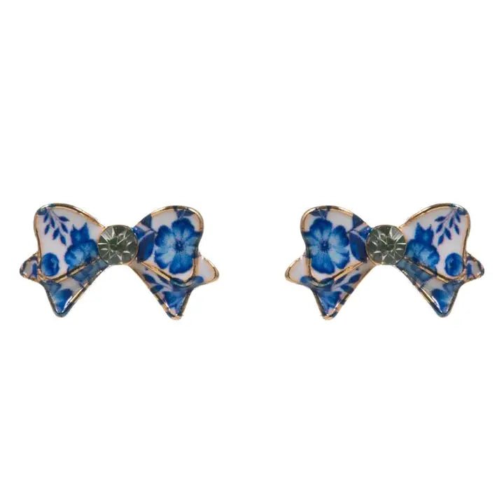 Flower Print On Enamel Bow Titanium Post Earrings - Nifty Decor & More