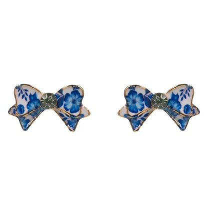 Flower Print On Enamel Bow Titanium Post Earrings - Nifty Decor & More